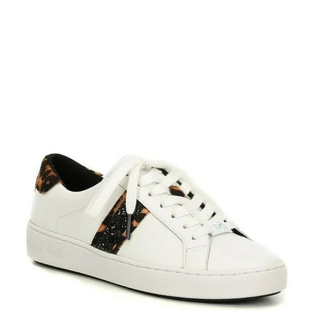 Michael Kors Irving Leopard Print Calf Hair and Leather Stripe Sneaker Size 7 gl
